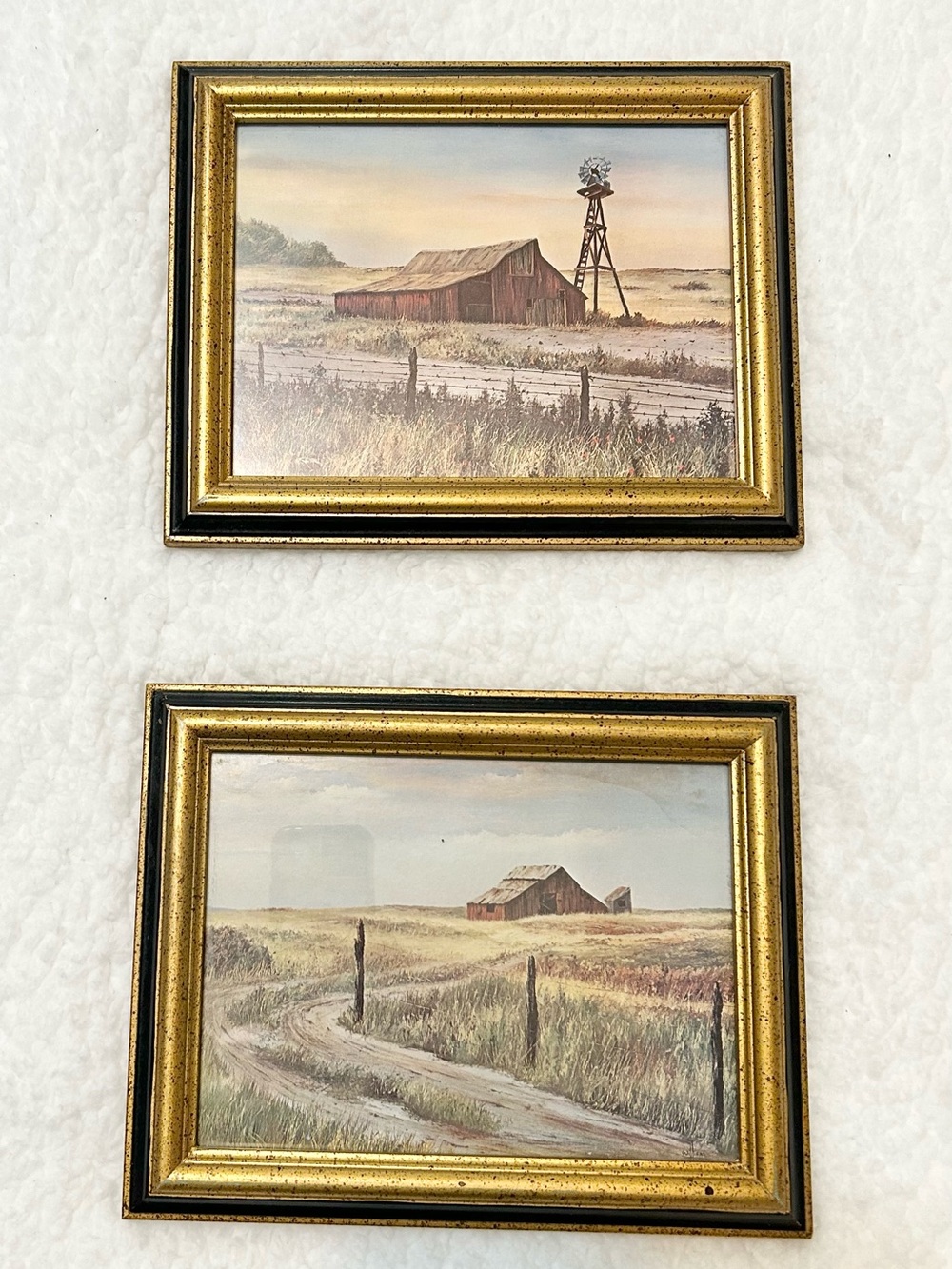 2 Vintage Framed Farm Landscape Prints Rustic